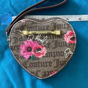 Juicy Couture Brown Heart-Shaped Floral Wristlet with Pink Flowers